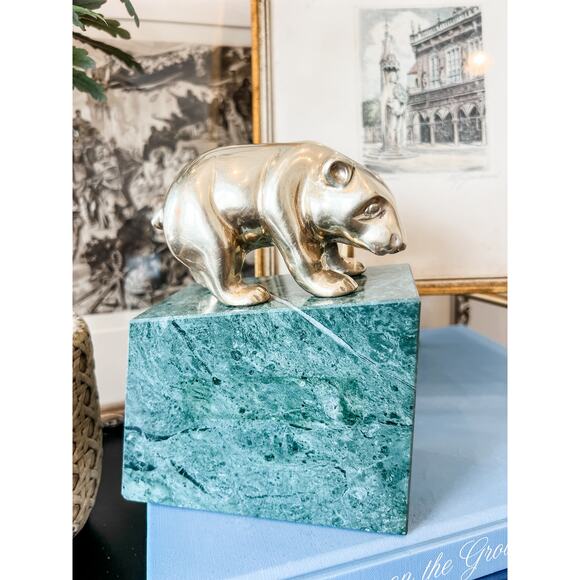 Vintage Green Marble and Brass Bear of Wall Street Bookend - Picture 2 of 4